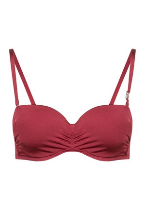 Haut de bikini rouge rembourré avec bretelles ajustables et léger froncé au centre devant.
