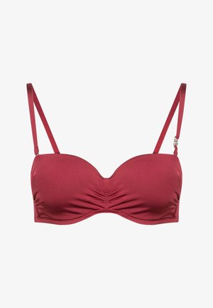 Haut de bikini rouge rembourré avec bretelles ajustables et léger froncé au centre devant.