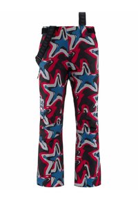 Pantaloni da sci colorati caratterizzati da un motivo dinamico in rosso, blu, grigio e nero, con una tracolla regolabile e un dettaglio con logo sul lato.