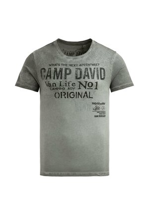 Faded green short-sleeve T-shirt with black printed text and camping-themed graphics on the front.