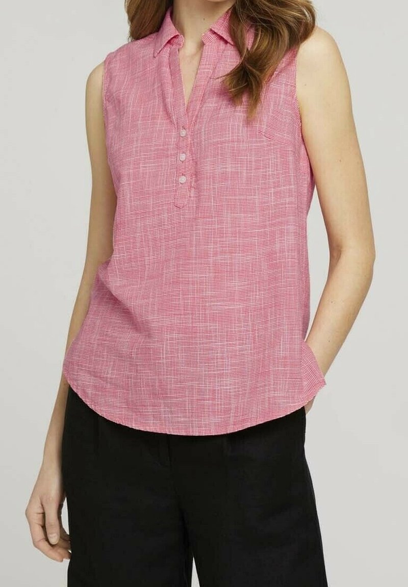 Ärmelloses rosa kariertes Hemd mit durchgehendem Knopfleistenverschluss, Kragen und abgerundetem Saum. Hergestellt aus leichtem Stoff mit subtiler Textur.