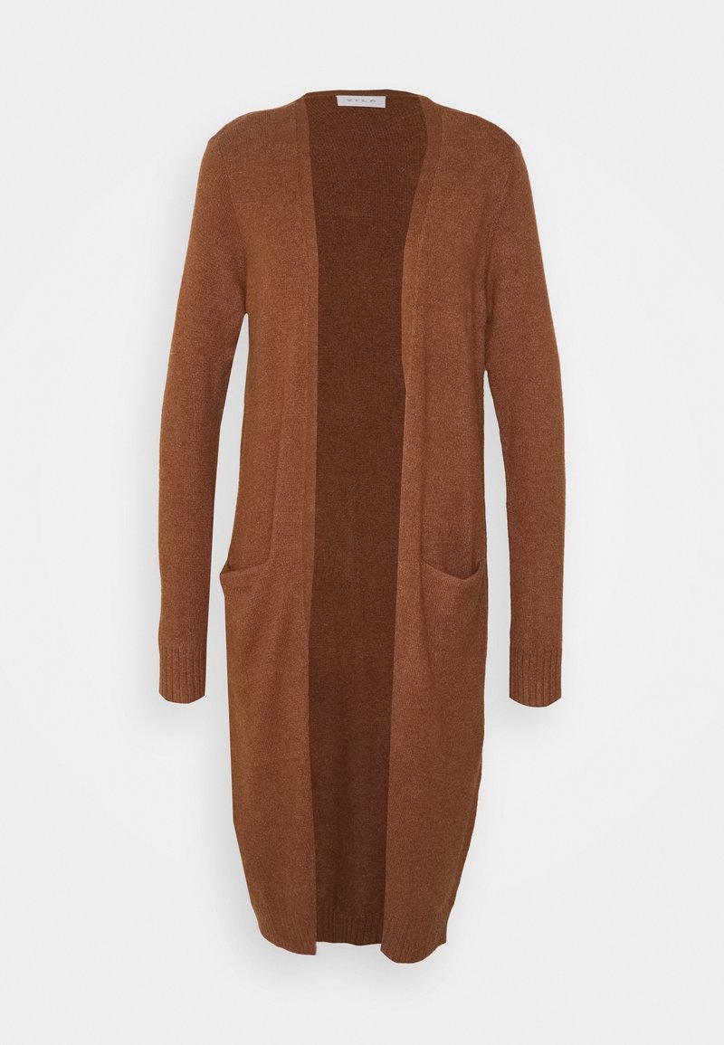 Cardigan long, ouvert sur le devant, dans une riche teinte brune. Texture en tricot avec deux poches avant et des poignets côtelés. Léger et ajustement décontracté.