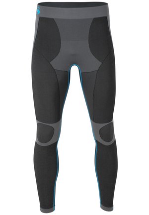 Leggings de compression noirs pour le sport avec des panneaux gris et des accents bleus, présentant un design ajusté et un matériau texturé pour le soutien et la ventilation.