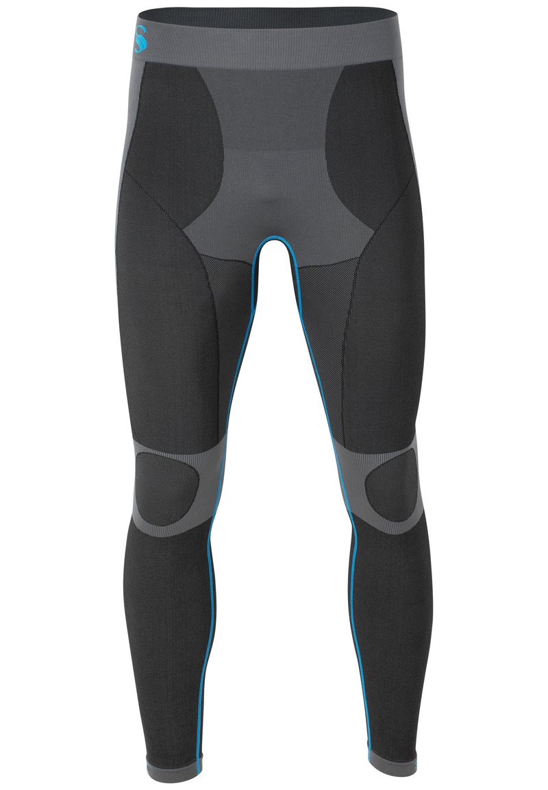 Leggings de compression noirs pour le sport avec des panneaux gris et des accents bleus, présentant un design ajusté et un matériau texturé pour le soutien et la ventilation.