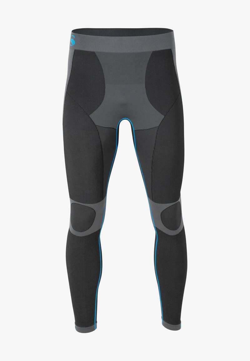 Leggings de compression noirs pour le sport avec des panneaux gris et des accents bleus, présentant un design ajusté et un matériau texturé pour le soutien et la ventilation.
