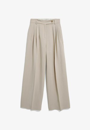 Pantaloni beige a vita alta a gamba larga con pieghe, tasche laterali, passanti per cintura e chiusura con bottone in vita.