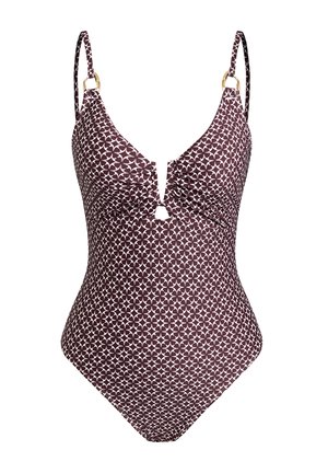 Maillot de bain une pièce bordeaux avec un motif floral blanc, décolleté plongeant, détail en forme de trou de serrure, bretelles réglables et accents en matériel doré.