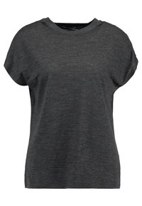 Šedé tričko s krátkým rukávem, volného střihu a kulatým výstřihem, vyrobené z měkké texturované látky. Bez viditelných vzorů nebo akcentů.