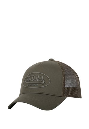 Casquette de baseball vert olive avec un dos en mesh, arborant un patch en caoutchouc surélevé portant l'inscription "Von Dutch California." Design de la visière courbée.