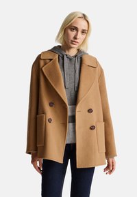 Kabát z camel vlny s dvojitým zapínáním, širokými klopami, dvěma předními kapsami a tmavě hnědými knoflíky, nošený přes šedou mikinu.