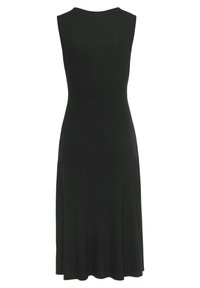 Schwarzes ärmelloses Kleid mit tailliertem Oberteil und ausgestelltem Rock, aus weichem Stoff gefertigt, mit rundem Ausschnitt und glatter Textur.