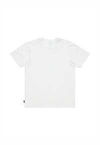 Bílý bavlněný tričko s kulatým výstřihem, krátkými rukávy, hladkým povrchem a malou logo cedulkou na boku. Zobrazeno ze zadní strany.