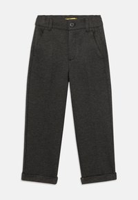 Dunkelgraue Hose aus weichem Stoff, mit geradem Schnitt, Knopfverschluss, Taschen vorne und umgeschlagenen Säumen.