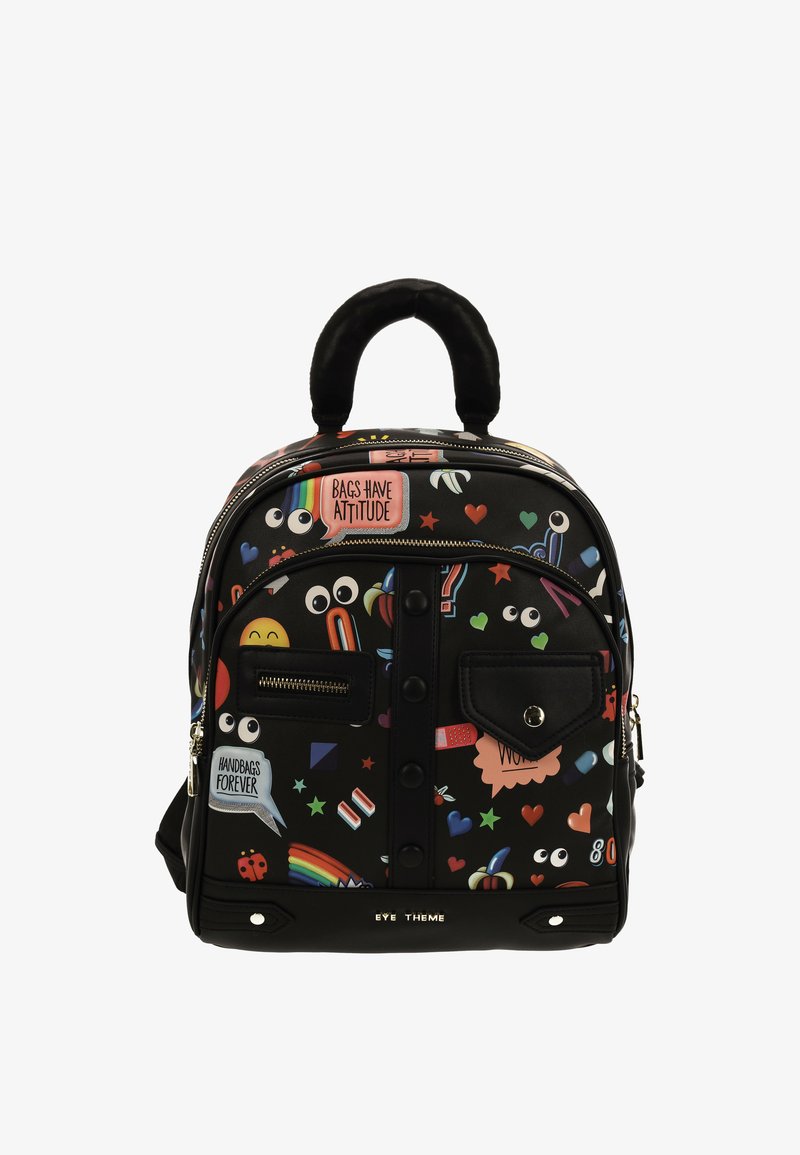 Sac à dos noir avec des motifs colorés comprenant des emojis et du texte. Il possède une fermeture éclair, deux poignées de transport et des poches avant.