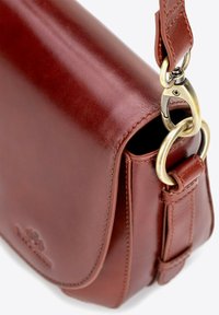 Borsa a tracolla in pelle marrone con una superficie liscia, forma curvilinea, chiusura a pattina e accessori in metallo dorato vicino al punto di attacco della tracolla.