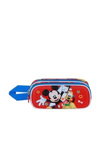 Estuche de lápices rojo con Mickey Mouse y Pluto, con cremallera y asa azul, fabricado con un tejido suave, con patrones de estrellas y gráficos de dibujos animados.