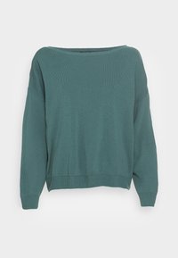 Türkisfarbener, übergroßer Pullover aus Rippstoff. Verfügt über einen weiten Halsausschnitt, lange Ärmel und einen leicht verkürzten Saum.