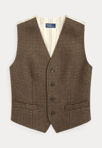 Gilet en tweed à damier marron avec quatre boutons, deux poches avant et une doublure rayée. Design en V avec des emmanchures angulaires pour un ajustement ajusté.