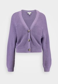 Lila, kurz geschnittene Strickjacke mit gerippter Textur, V-Ausschnitt und drei großen Knöpfen vorne. Lange Ärmel mit gerippten Bündchen.
