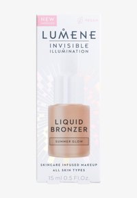Lumene Liquid Bronzer in "Summer Glow," 15ml. Heldere glazen druppelfles met een gouden vloeistof, verpakt in een witte doos met roze accenten.
