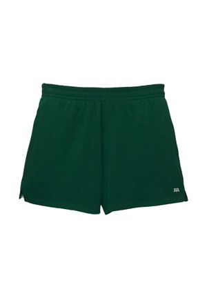 Shorts de sport verts en tissu doux, dotés d'une taille élastique et fentes sur les côtés pour plus de mobilité. Un petit logo apparaît au bas.