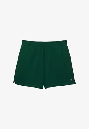 Grønne sportsshorts lavet af blødt stof, med en elastisk talje og sideslids for bevægelsesfrihed. Et lille logo fremstår på kanten.