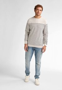 Krämfärgad sweatshirt med mörkblå horisontella ränder, ribbade muddar, bärs med ljusblå jeans och vita sneakers. Enkel, avslappnad design.