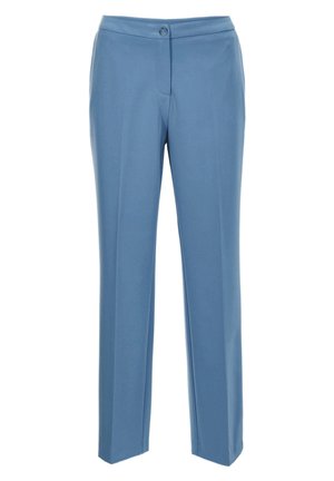 Pantalons ajustés bleu clair en tissu lisse, à jambe droite, avec une fermeture à un bouton à la taille.