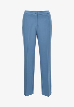 Pantalons ajustés bleu clair en tissu lisse, à jambe droite, avec une fermeture à un bouton à la taille.