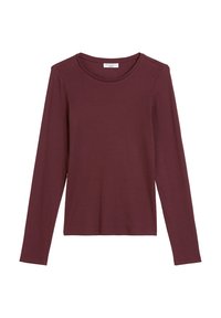 Langermet topp i dyp burgunder, laget av myk, stretchy stoff. Har rund hals og en tettsittende fasong. Ingen synlige mønstre eller detaljer.