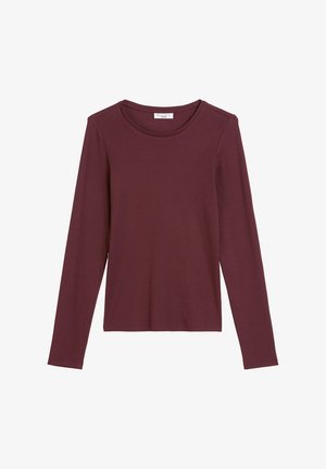 Dugi rukav u tamno burgundoj boji, izrađen od meke, rastezljive tkanine. Ima okrugli izrez i prilagođen oblik. Bez vidljivih uzoraka ili akcenta.