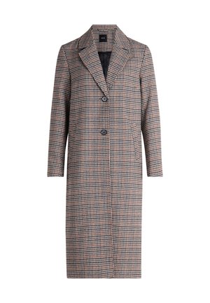 Long, patterned coat with a checked design in brown and cream tones. Features a notched collar, two front buttons, and side pockets.