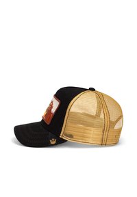 Gorra trucker negra y dorada con una parte trasera de malla, visera curvada, parche gráfico bordado en la parte delantera y costuras en contraste.