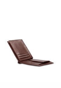 Brown leather wallet with multiple card slots and a fold-out design. Features a smooth texture and subtle stitching details.