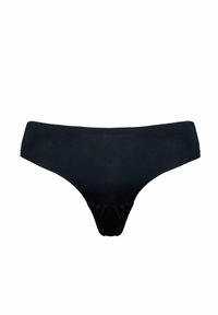 Schwarze Tanga-Unterwäsche mit glatter Textur, breiten Seiten und minimalistischem Design. Hergestellt aus einem dehnbaren Stoff für zusätzlichen Komfort.