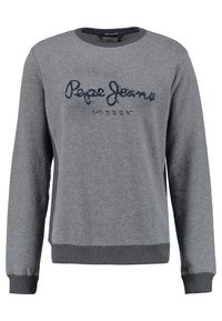 Grauer Pullover mit langen Ärmeln, rundem Ausschnitt und einem strukturierten Logodesign in Dunkelblau. Bündchen an Ärmelabschlüssen und Saum sorgen für Details.