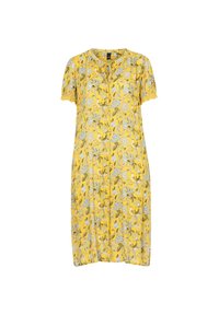 Gul blomster-midi kjole med korte, volangærmer, knaplukning foran og et let, luftig stof med intrikate blad- og blomstermønstre.