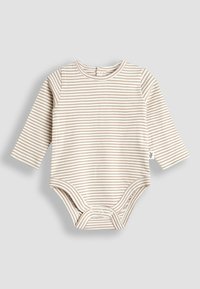 Bodysuit de bebé de manga larga en color blanco roto con rayas horizontales en marrón claro. Tela de algodón suave, con cuello redondo y cierre de botones a presión.
