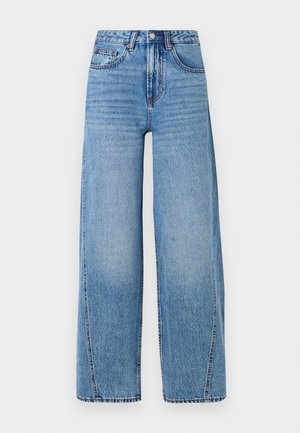 Light blue wide-leg jeans made of denim, featuring a high waist, raw edges, and classic five-pocket design with visible stitching.