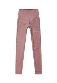 Roze leggings met een hoge tailleband, gemaakt van glad, rekbaar materiaal. Bevat witte "HALO"-tekst en cijfers aan de zijkant.
