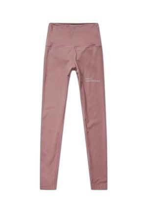Roze leggings met een hoge tailleband, gemaakt van glad, rekbaar materiaal. Bevat witte "HALO"-tekst en cijfers aan de zijkant.