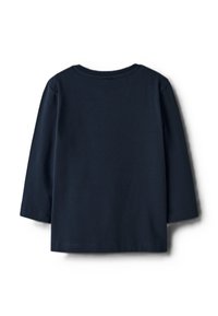 Koszula z długim rękawem w ciemnym granatowym kolorze, wykonana z bawełny. Klasyczny okrągły dekolt, miękka faktura i prosty dół bez widocznych wzorów ani ozdób.