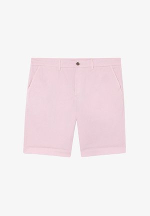 Světle růžové kraťasy vyrobené z bavlny, s knoflíkovým zapínáním, předními kapsami a zakončením. Hladká textura s neformálním designem.