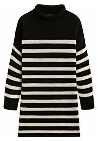 Svart och gräddfärgad randig stickad klänning med hög hals och långa ärmar, med en strukturerad stickad mönster och avslappnad passform.