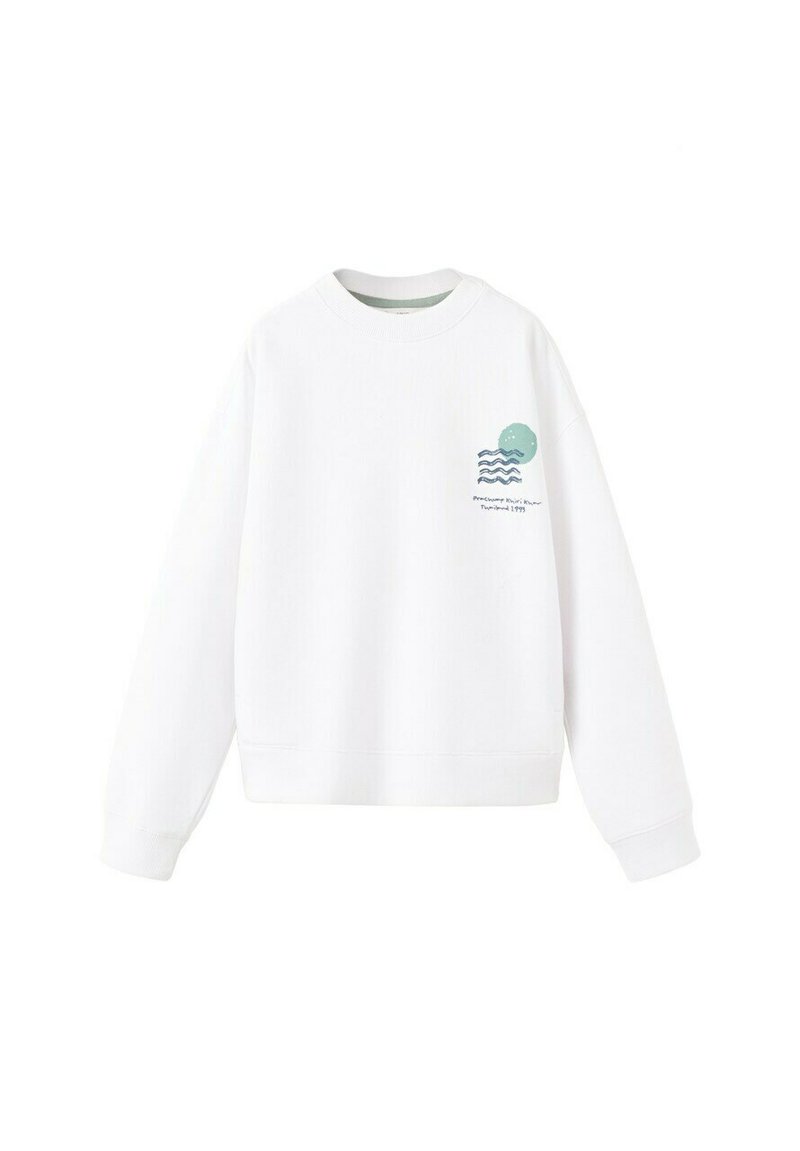 Biała bluza z długim rękawem z małą zieloną grafiką słońca i niebieskiej fali na lewej piersi oraz tekstem pod wzorem.