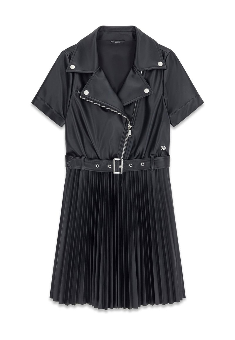 Black pleated dress with short sleeves and a biker-style zippered front. Features a belted waist and silver hardware accents. Smooth texture.