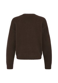 Pull en tricot marron foncé à manches longues, poignets et ourlet côtelés, présenté de dos sur fond blanc.
