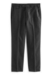 Crne hlače od glatkog materijala, ravnog kroja, s prednjim džepovima i kopčanjem na dugme. Nema vidljivih uzoraka ili akcenta.