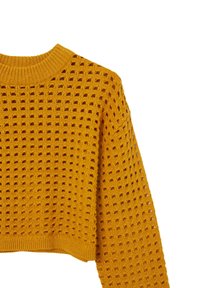 Senfgelber, gestrickter Pullover mit lockerem, verkürztem Schnitt, offener Netzstruktur und geripptem Rundhalsausschnitt sowie Saum.