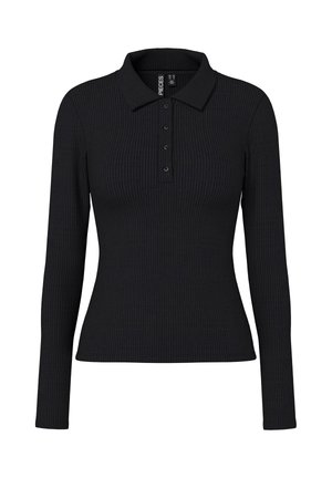 Polo noir à manches longues côtelé avec un col, une patte de boutonnage à trois boutons et une silhouette ajustée. Tissu extensible avec une légère texture.